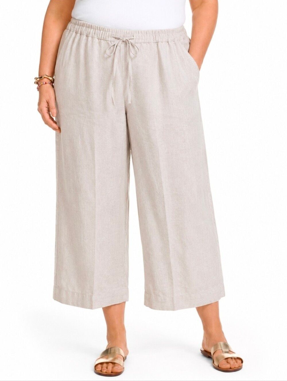 Talbots Linen Beige Wide Crop Pull-On Pants